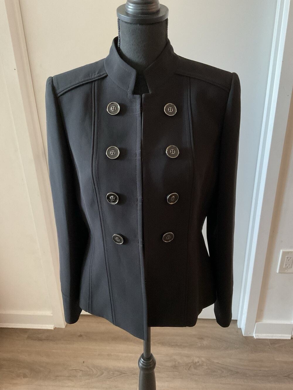 Tahari Military Band Blazer Jacket Black Hook Front Silver Button Women SZ 6P